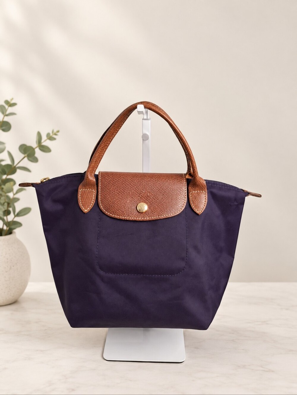 Longchamp Le Pliage Small Top Handle Bag Bilberry Purple Nylon Leather Bag
